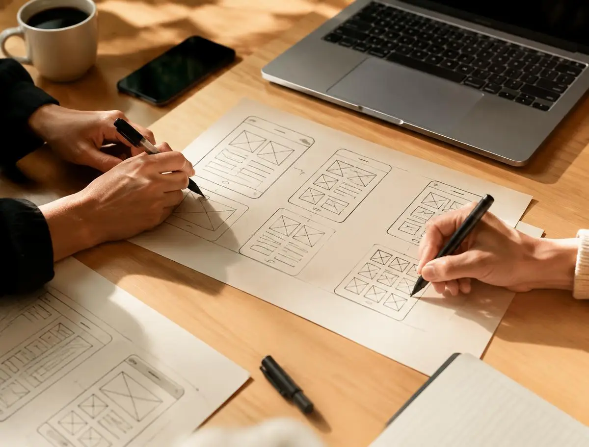 Two people sketching mobile app wireframes on paper beside a laptop in warm daylight